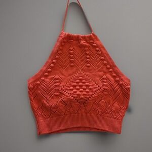 Hunter & Brown Knit‎ Halter Top Textured Sleeveless Coral Orange Medium